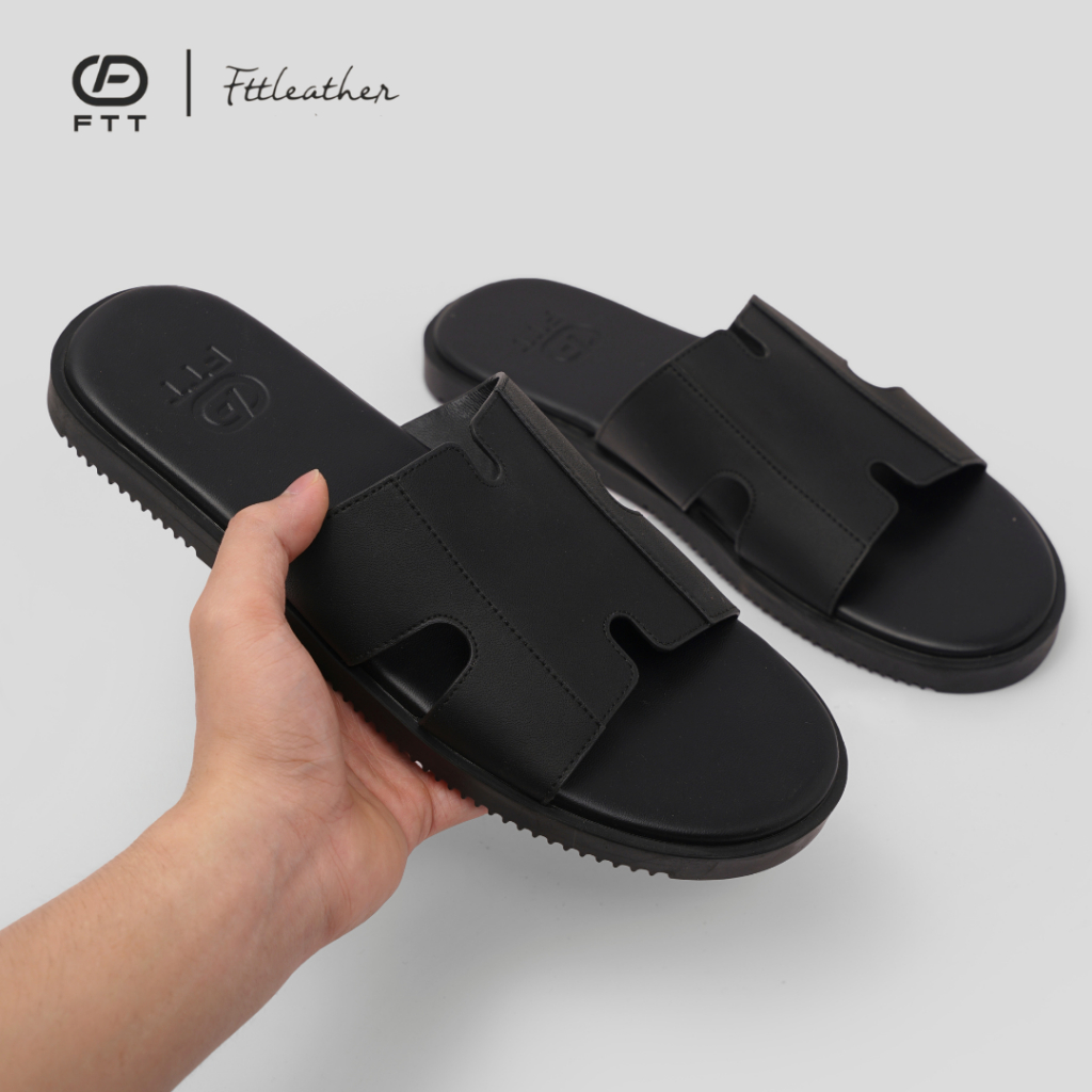 Dép Sandal nam FTT Leather da microfiber quai ngang chữ H dáng trơn đế TPR bền, nhẹ, độ bám tốt