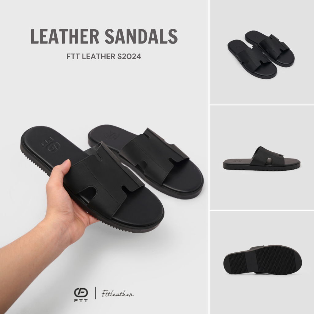 Dép Sandal nam FTT Leather da microfiber quai ngang chữ H dáng trơn đế TPR bền, nhẹ, độ bám tốt