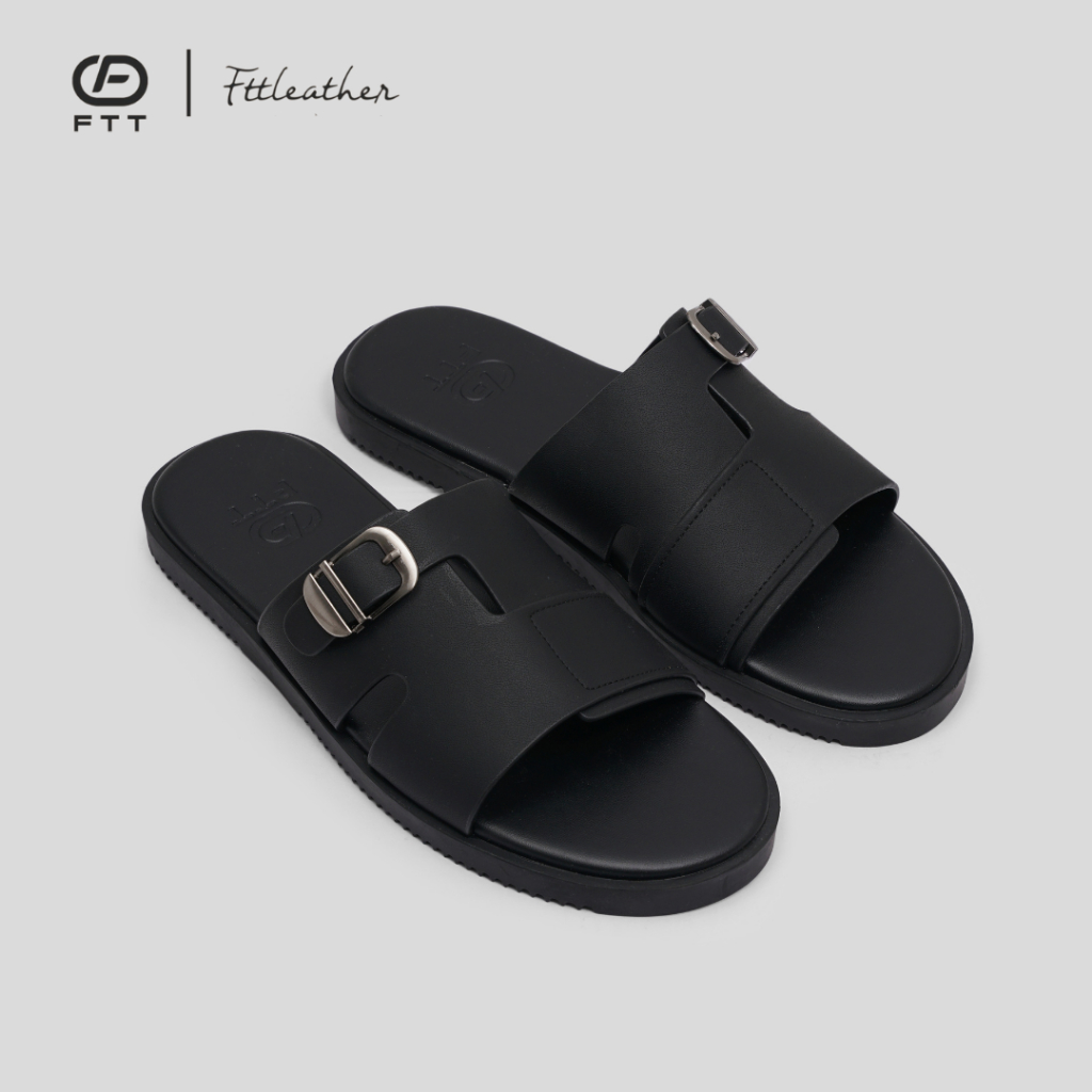 Dép Sandal nam FTT Leather da microfiber quai đan ngang phối khuy đế TPR bền, nhẹ, độ bám tốt