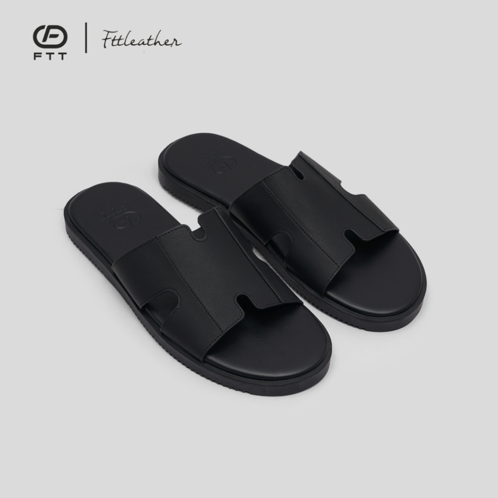 Dép Sandal nam FTT Leather da microfiber quai ngang chữ H dáng trơn đế TPR bền, nhẹ, độ bám tốt