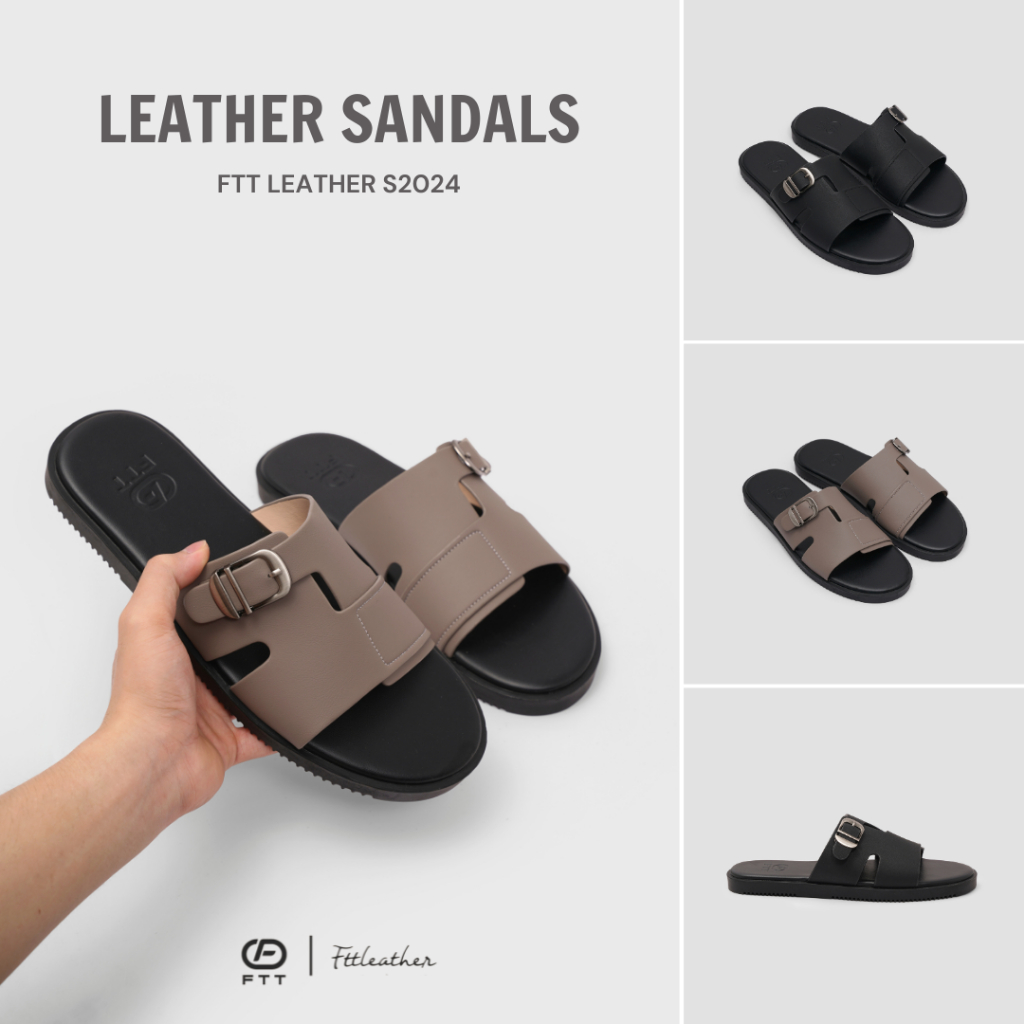 Dép Sandal nam FTT Leather da microfiber quai đan ngang phối khuy đế TPR bền, nhẹ, độ bám tốt
