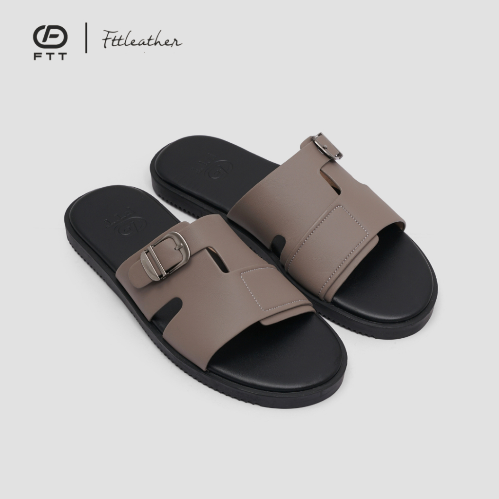 Dép Sandal nam FTT Leather da microfiber quai đan ngang phối khuy đế TPR bền, nhẹ, độ bám tốt