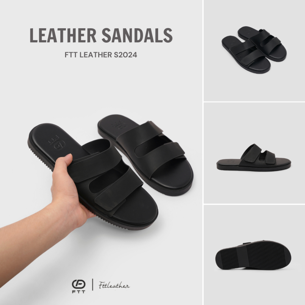 Dép Sandal nam FTT Leather da microfiber hai quai ngang dáng trơn đế TPR bền, nhẹ, độ bám tốt