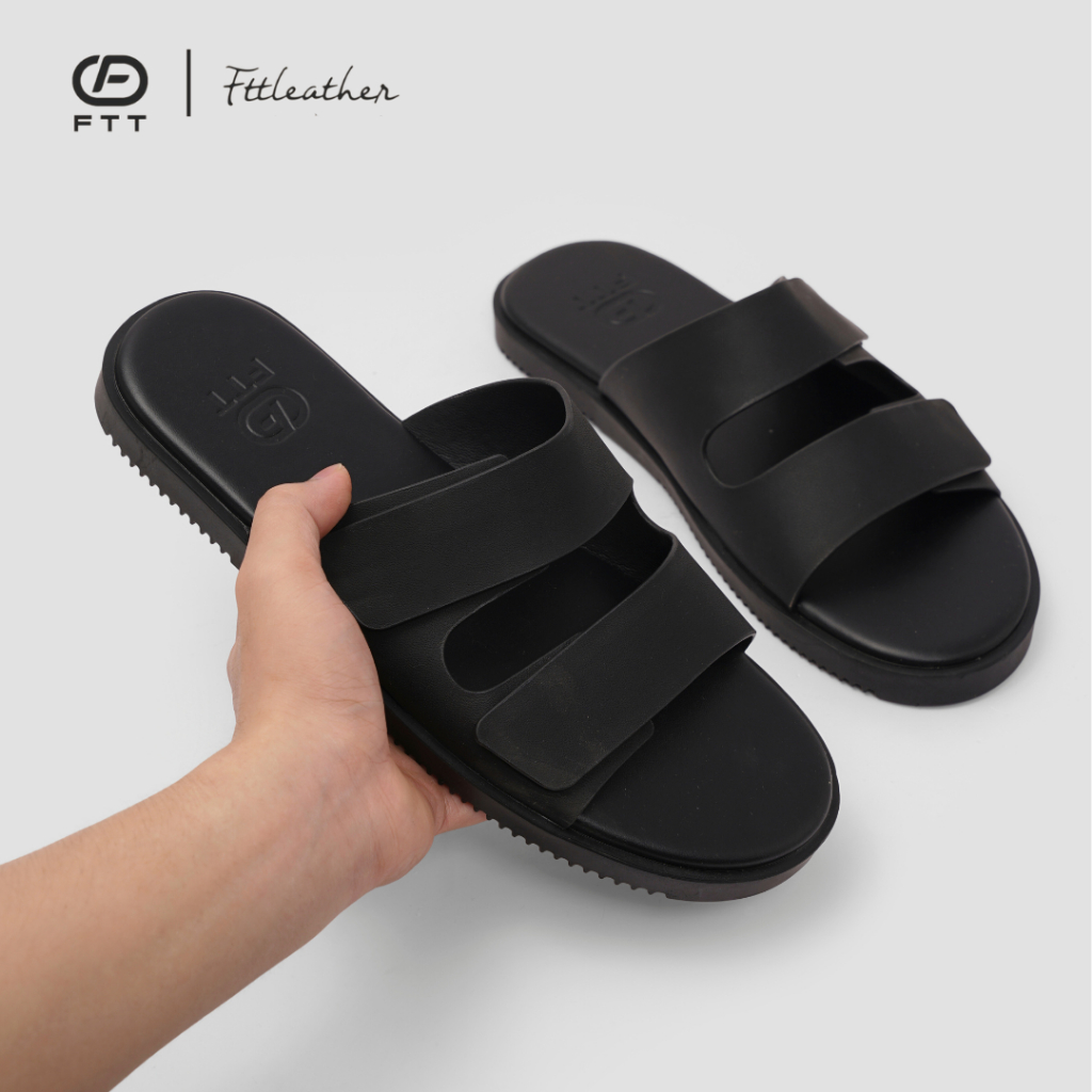 Dép Sandal nam FTT Leather da microfiber hai quai ngang dáng trơn đế TPR bền, nhẹ, độ bám tốt