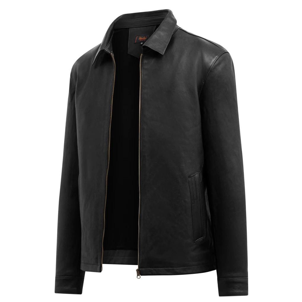 Áo khoác da nam FTT Leather Collar Jacket da cừu cổ bẻ trơn dáng suông - Mã AD408