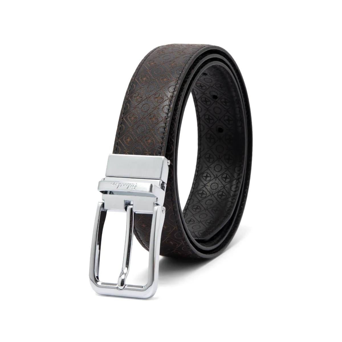 Thắt lưng da bò nam họa tiết monogram FTT Leather mặt khóa xỏ kim xoay mặt cao cấp không rỉ