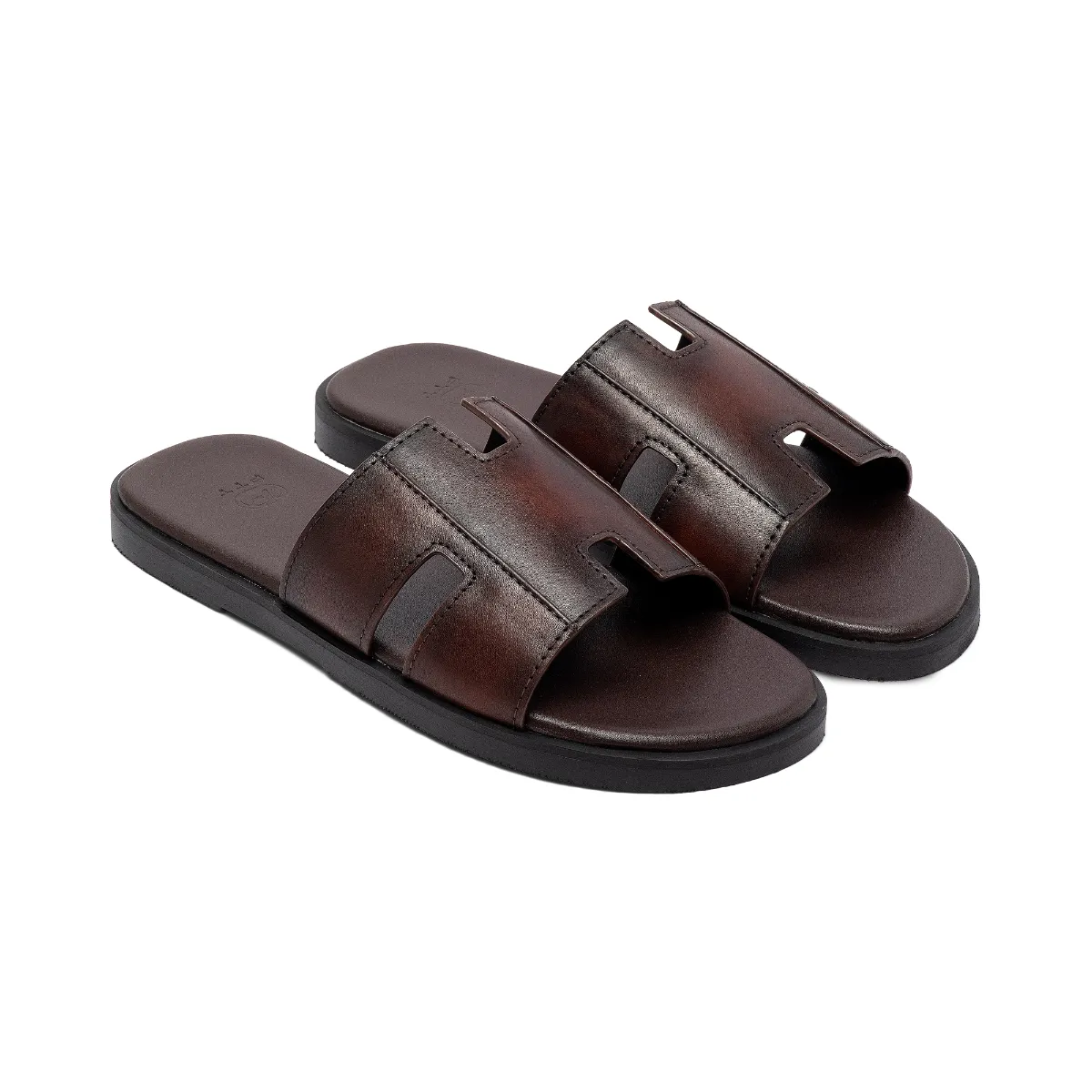 Dép da bò nam chữ H FTT Leather quai ngang màu nâu dáng trơn đế cao cấp bền, nhẹ, độ bám tốt D10541