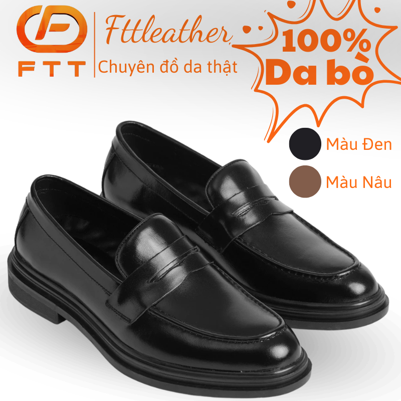Giày da bò nam FTT Leather dáng lười Penny Loafer trơn độn đế ẩn tăng chiều cao
